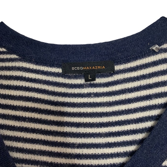BCBGMAXAZRIA Women's Navy Blue White Striped Bell Sleeve Henley Sweater Size L - Picture 2 of 3
